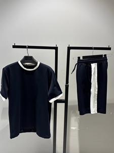Men's Black T-Shirt Terry Jogger Set Crew Neck Short Sleeve Solid Color Casual Summer Eco-Friendly White Trim Drawstring Waist - Product Image 4