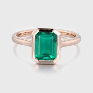 Estilo Art Deco 8*6mm Esmeralda Bisel Ajuste Anillo Esmeralda Corte Laboratorio Cultivado Esmeralda 10K Anillo de oro sólido con opción de cambio de tono de metal - Product Image 4