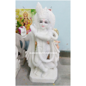 Statue de dieu hindou en marbre blanc Lord Krishna Position debout Statue de seigneur avec Murle à la main utilisée pour la décoration de temple - Product Image 1