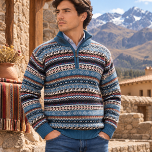 Pull en laine d'alpaga fine mélangée, motif géométrique multicolore, fermeture éclair, tricoté pour homme - Product Image 3