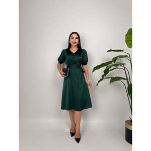 4020 V-NECK DRESS WITH TIE <b>BELT</b> AND TRIM BUTTONS - <b>RED</b> - Product Image 3