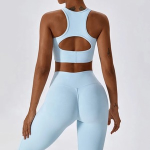 Femmes nouvelle couleur unie Gym Fitness Yoga ensemble respirant doux Compression élastique V coupe côtelé danse Flare pantalon et soutien-gorge - Product Image 3