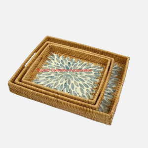 Plateau de service en rotin de meilleure qualité avec incrustation de nacre plateau de canne décoratif carré plateau de service à motif floral coquillage - Product Image 6