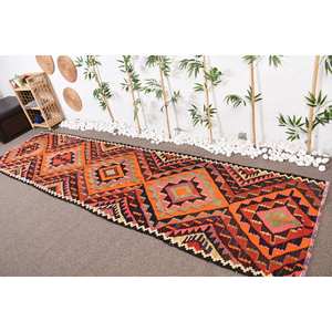 Tapis Ethnique Turc Vintage en Laine 3.1X12.1 pieds Orange et Beige Motif Géométrique Patchwork Design avec Support en Latex - Product Image 1