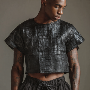 Tops cortos de cuero para hombre, Camiseta corta de cuero a la moda con cuello cuadrado, Camiseta corta sin mangas de alta calidad para hombre - Product Image 4