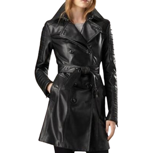 Women's Vintage Waterproof Faux Leather Trench Coat with Shearling Cotton Fill Print Decoration-Black Long Coat - Product Image 2