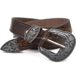 Meilleure vente de ceinture d'outillage en cuir véritable sculptée à la main avec boucle occidentale antique de 3 pièces au prix de gros - Product Image 4