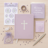 Diario de Oración LABON Lavender con Cubierta de PU Suave con Cruz Plateada en Relieve y Cinta de Encaje, Elegante Libro Devocional para Cristianos