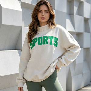 Womens Mock Neck Sweatshirt Slouchy <b>Drop</b> Shoulder White Custom Pink Varsity Graphic Pullover Fleece - Product Image 2