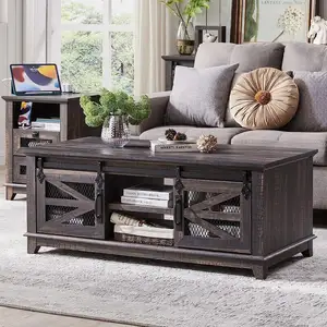 THCT - 0069 American Custom Coffee Table with Storage Sliding Barn Doors Farmhouse Industrial Center Table in Living room