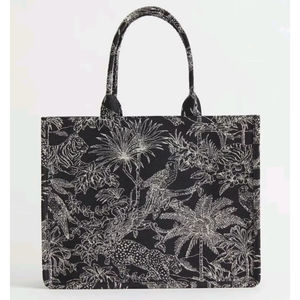 Black Botanical Detail Tote Bag With Intricate <b>White</b> Print Crafted From Heavy Canvas Designed Elegant & Durable Everyday Carry - Product Image 1
