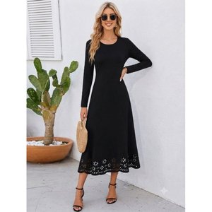 Robe midi en crêpe importé à manches longues, col rond, détails découpés au laser, motif floral, pour femmes, 37485 - Noir - Product Image 2