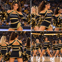 Uniforme de cheerleading personnalisé pour femmes, robe à manches longues noire et or avec strass et maille extensible