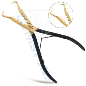 Pince professionnelle pour l'élimination des extensions de cheveux, en acier inoxydable doré, pointe en crochet, outil d'installation de micro-anneaux et de nano-anneaux, GEMSTONE - Product Image 1