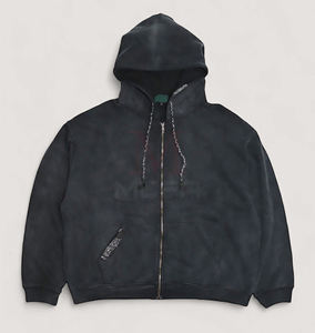 Wholesale Oversized Acid Wash Print <b>Zip</b>-<b>Up</b> <b>Hoodie</b> for Men Custom Logo Streetwear 100% Cotton Heavyweight Sweatshirts for Winter - Product Image 1