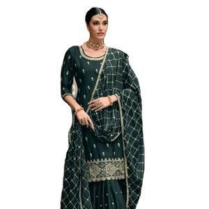 Dernier ensemble de Kurti de travail de broderie de chinon lourd pour femmes multicolores avec le bas et Dupatta India & Pakistan Ethnic - Product Image 1