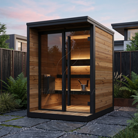 Cabane de bien-être de luxe pour 1 à 2 personnes, design architectural moderne, sauna extérieur avec véranda intégrée et éclairage LED