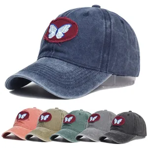 Özel Vintage kelebek yama nakış beyzbol şapkası Snapback baba şapka boş düz renk Unisex yapılandırılmamış yıkanmış spor kapaklar