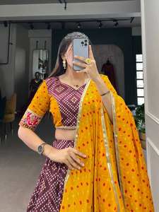 Vêtements de fête marron Tussar soie Bandhej Patola imprimer Lehenga Choli ensemble sud de l'Inde Style feuille travail traditionnel fête de mariage - Product Image 2