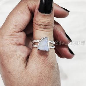 เครื่องประดับหินดิบผู้หญิงแหวนรุ้งธรรมชาติพลอยมูนสโตนอัญมณีบิดเกลียว2สายเครื่องประดับ925แหวนเงินสเตอร์ลิง - Product Image 3