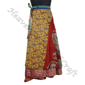 กระโปรงผ้าไหม2ชั้นสไตล์วินเทจใหม่กระโปรงผ้าซิ่นเมจิกพันรอบกระโปรงผ้าซิ่นผ้าไหมวินเทจย้อนกลับได้38นิ้วสำหรับผู้หญิงสไตล์โบโฮ - Product Image 1