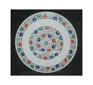 หินอ่อนสีขาวแบบฝังบนโต๊ะสไตล์โบราณที่สวยงามพร้อมงานฝังลายดอกไม้สำหรับตกแต่งอพาร์ทเมนต์ - Product Image 1