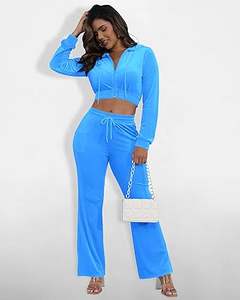 Breathable Customizable <b>Velour</b> 2 Pcs Women's Tracksuits Sets Yoga Workout Gym Slim Fit Velvet Warm Sweat Suits With Crop <b>Hoodie</b> - Product Image 2