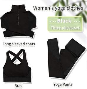 Sur mesure de haute qualité femmes solide taille haute vêtements de sport vêtements de sport Yoga costume Athleisure 3 pièces ensemble | Veste | Soutien-gorge de sport | - Product Image 3