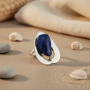 Art Palace Geometric <b>Lapis</b> <b>Lazuli</b> Cocktail <b>Ring</b> 925 Silver Bezel Setting Bohemia Style Elegant Unisex Everyday Wear - Product Image 1