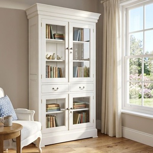 Armoire de cuisine Buffet en bois peint en blanc avec portes en verre conçu pour les meubles de salle à manger de style français - Product Image 1