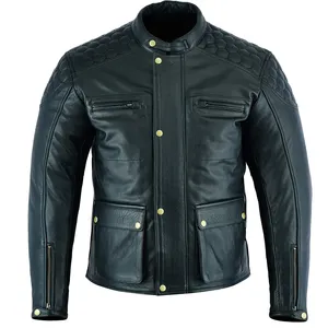 Men's Leather Motorcycle Quilted Jacket Stand Collar Coat Men Real Leather Coat