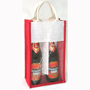 Sacs de jute pour 2 bouteilles avec fenêtre en pvc transparent et poignées en toile de coton rembourrées avec corde à l'intérieur impression personnalisée avec votre logo - Product Image 1