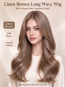 Peluca de Cabello Humano Largo y Ondulado Color Marrón Lino, Fibra Sintética con Ondas Suaves, Línea de Cabello Natural para Uso Diario - Product Image 1
