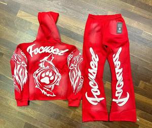 Chándales de varios colores Vintage con estampado de soplo de calidad superior para hombre, Conjunto de sudadera con capucha y pantalones acampanados personalizados para hombre - Product Image 2