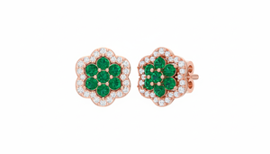 Pendientes de tuerca con diseño floral de esmeraldas y diamantes de corte brillante para mujer |   Oro de 14K |   Regalo para Ella - Product Image 3