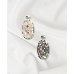Pendentif Coquillage Ovale - Plaqué Rhodium et Or, Options de Pierres Naturelles (Agate, Améthyste, Onyx) - Product Image 1