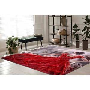 Tapis imprimé avec une femme en robe rouge, tapis non tissé doux - Product Image 5