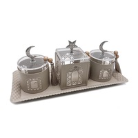 Ensemble de service islamique portable fait main et durable en acier inoxydable avec bocaux en verre, couvercles en forme de croissant et d'étoile, plateau décoratif pour le Ramadan et l'Aïd