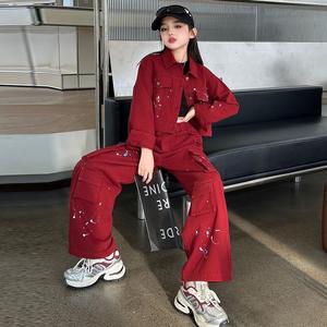 Ensemble de vêtements pour filles, vêtements tendance pour adolescentes, pour le printemps et l'automne, couleur rouge, manteau tendance et <span class=keywords><strong>pantalon</strong></span> ample pour filles de 8 à <span class=keywords><strong>14</strong></span> <span class=keywords><strong>ans</strong></span> - Product Image 3