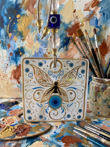 Gold Square Evil Eye <b>Wall</b> <b>Hanging</b> 6cm Square Nazar Amulet with Gold & Blue Design, Home <b>Decor</b> & Gift Ornament - Product Image 2