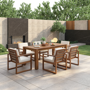 Ensemble de salle à manger d'extérieur moderne en teck massif, table et chaises de jardin, meubles d'extérieur avec coussins - Product Image 1