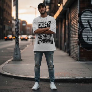 T-shirt graphique oversize pour homme en coton Pima, style streetwear, imprimé logo frontal, tissu tricoté délavé - Product Image 4