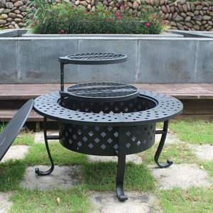 Round iron <b>fire</b> pit with mesh cover and <b>poker</b> tool set for convenient safe outdoor burning and warmth - Product Image 2