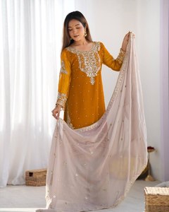 Listo para usar Pure Heavy Faux Georgette Dupatta Set con bordado pesado Codificación DoriSequence Work TopBottom Salwar Ropa - Product Image 5