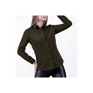 Chemise pour femme à manches longues en coton tissé 100% vert kaki - Style simple et tendance - Product Image 2