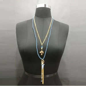 Collier Urthn Double Chaîne Ras Du Cou Fine Perlé Bleu Plaqué Or 1109403A - Product Image 1