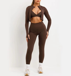 Women's High Quality Three-Piece Gym Set Breathable Sports Bra Zip-Up Jacket Leggings for Workout Yoga <b>Fitness</b> Wear - Product Image 5