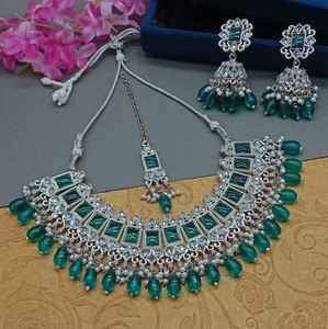 Ensemble de bijoux plaqué argent kundan traditionnel indien et ensemble de collier en cuivre pour femmes et filles accessoires indiens bijoux femmes - Product Image 2