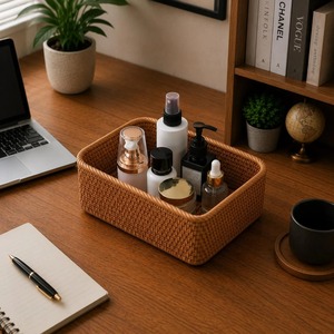 Ensemble de 2 paniers de rangement de bureau en rotin tressé à la main, paniers de rangement faits à la main en rotin naturel, modernes et multifonctionnels, fabriqués au Vietnam - Product Image 1