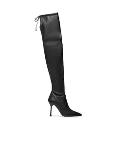 Made in Italy over knee boots in black nappa leather and stretch material leg and blue leather sole and stiletto heel for wholes